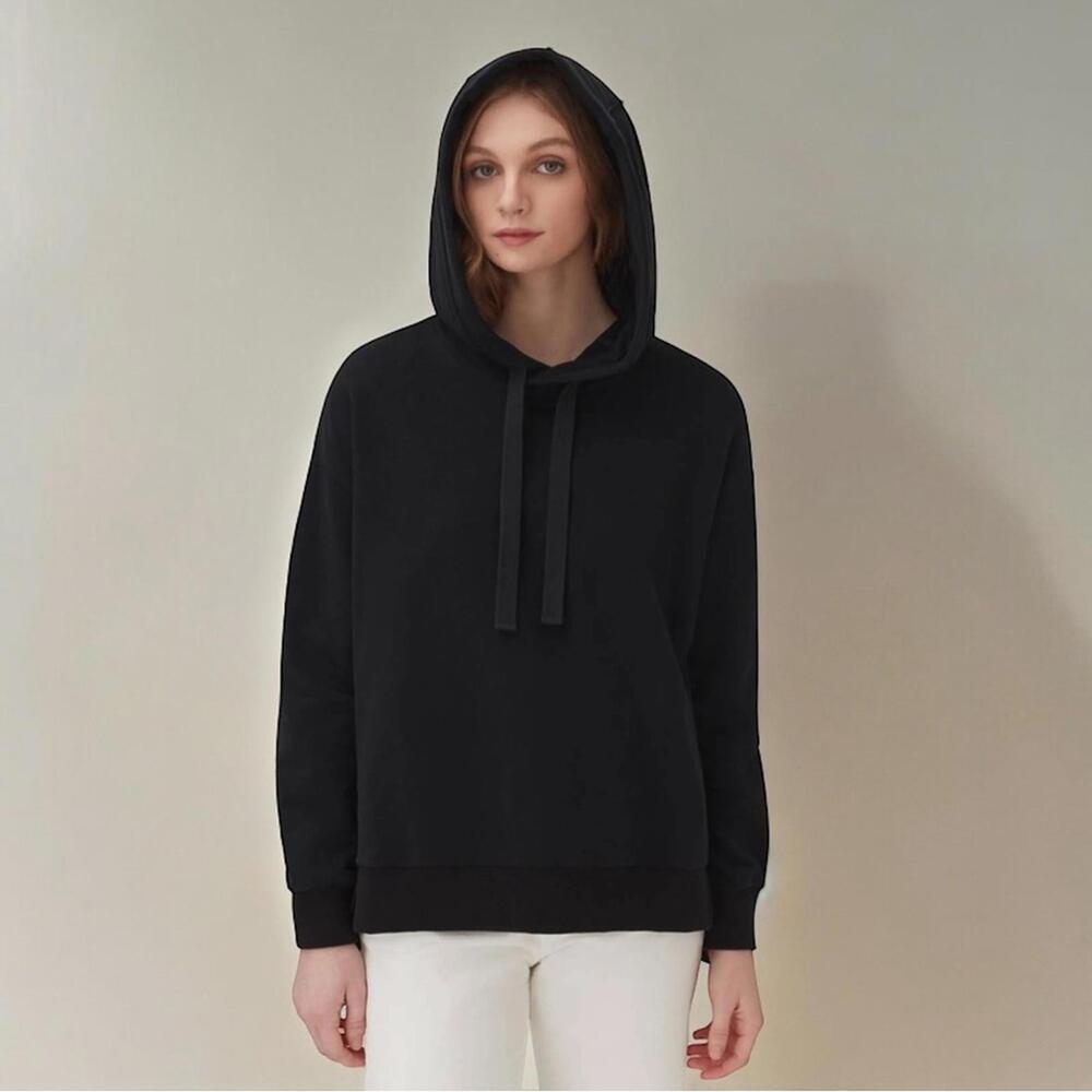 CUYANA Sustainable Cozy Fleece Pullover Hooded Sweatshirt in Black Sz XS NWT